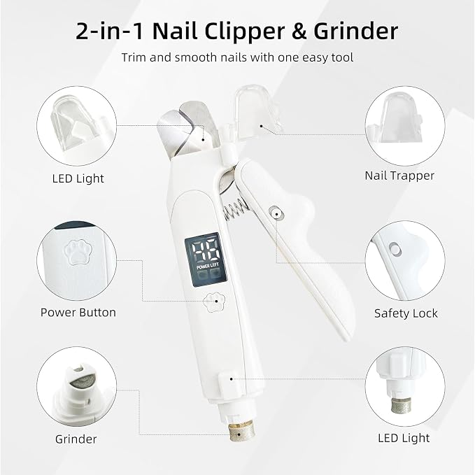 2-in-1 Guinea Pig & Rabbit Nail Grinder & Clipper - Rechargeable Electric Nail File Trimmer with LED Light, Quiet Low-Speed for Small Pets, Bunny - Safe No-Bleed Grooming Tool - White