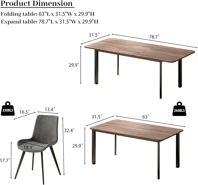 9PCS 63"- 78.7" Extendable Dining Table Set, Kitchen Table with PU Leather Dining Chairs for 6-8 Person, Thickened Expandable MDF Wooden Table with Metal Legs
