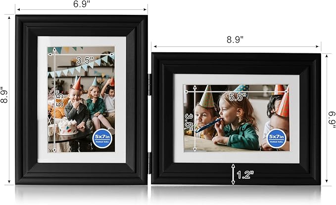 5X7 Double Wooden Hinged Picture Frame Vertical and Horizontal in Black, Display 4x6 with Mat or 5x7 without Mat, Folding Photo Frame with Real Glass Front for Tabletop X2-HEI-SH57