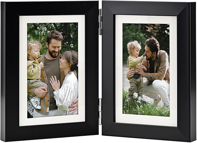 Double Hinged 4X6 Picture Frame with Real Glass-Tabletop or Wall Mounted, Display for 3X5 & 4X6 Photos (with/without Mat)-Classic Black, For Family Photos & Wedding Memories-H46X2