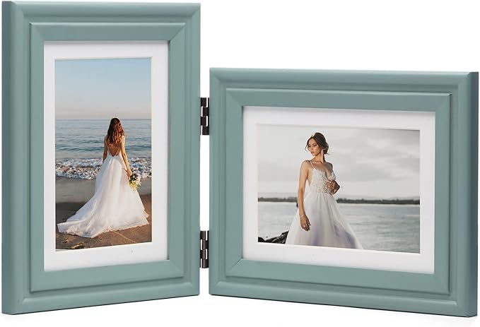 Vertical & Horizontal 5X7 Picture Frames Double Hinged Wood Folding Photo Frames with Real Glass Front Fit for Desktop or Tabletop Display Pictures 4x6 with Mat or 5x7 Without Mat, Teal Blue