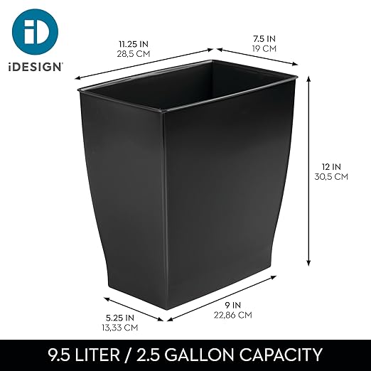 iDesign Small Plastic Bathroom Trash Can, Slim Rectangle Garbage Bin for Bedroom, Office, Dorm, 2-Pack, Black