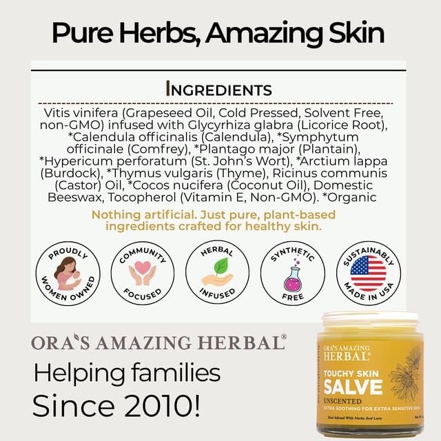 Ora's Amazing Herbal, Touchy Skin Salve, Eczema Cream Treatment, Anti-Itch Cream for Kids and Adults, Calendula Ointment for Natural Sensitive, Fragrance Free, Dry Skin Balm 1 oz Travel Size