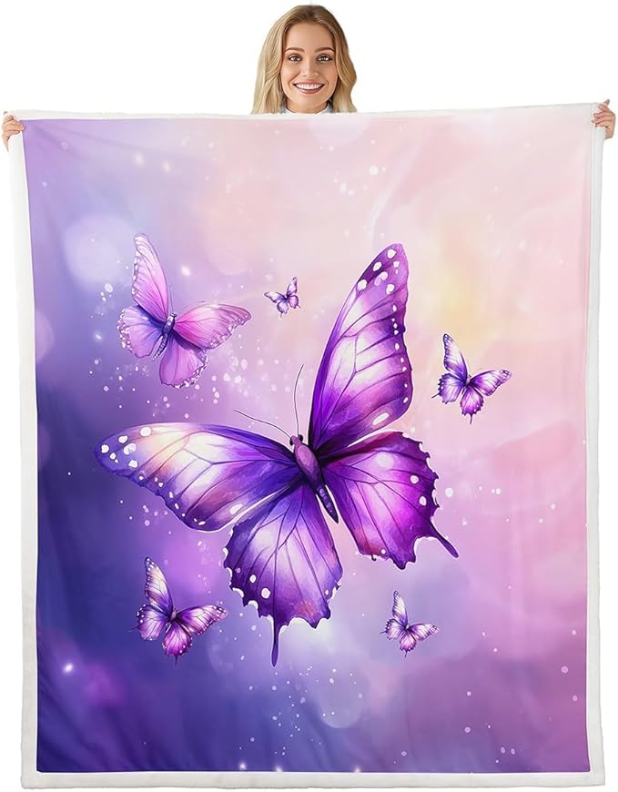 Feelyou Girls Purple Fleece Throw Blanket Throw 50"x60" Kids Watercolor Butterfly Sherpa Blanket Plush Fuzzy for Bed Couch Chair Living Room, Cute Dreamy Bed Blanket Room Decor