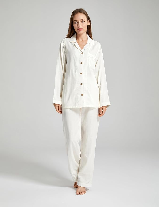Womens Pajama Sets 100% Double Gauze Cotton Linen Like Muslin Pajamas Long Sleeve Button Down Sleepwear Soft Pjs Lounge Set