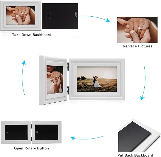 Horizontal 4X6 Picture Frames Double Hinged Wood Folding Photo Frames with Real Glass Front Fit for Desktop or Tabletop, White XBAI-H64X2