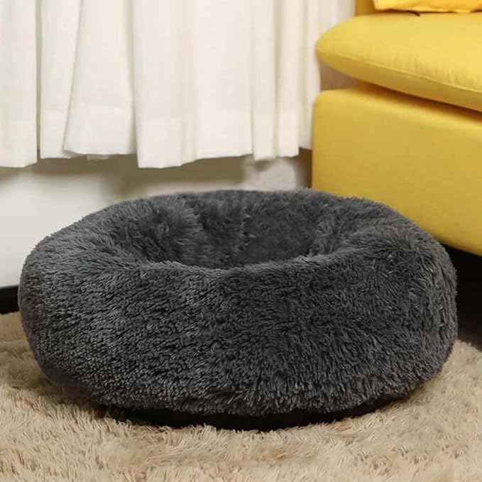 Plush Calming Donut Dog Bed for Small to Medium Dogs, 28 Inch Round Pet Bed | Soft Faux Fur Puppy Bed with Raised Rim for Curling and Head Support; Washable Round Pet Bed for Small to Medium Dogs or Cats