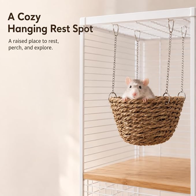 2 Pack Rat Hammock for Cage, Natural Grass Woven Hanging Basket Beds with Adjustable Chains, Pet Rat Cage Accessories for Resting, Perching and Enrichment, 6.3 in