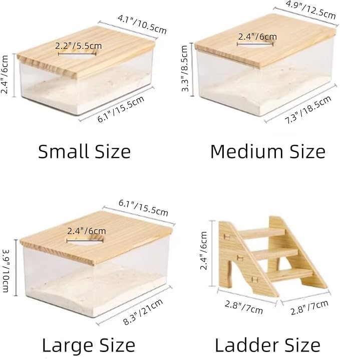 Small Animal Sand Bath Box with Climbing Ladder - Geometric Shape Transparent Acrylic Shower Room Pet Digging Sand Container - Suitable for Hamsters Mice Lemmings Gerbils (Medium,Rectangle)