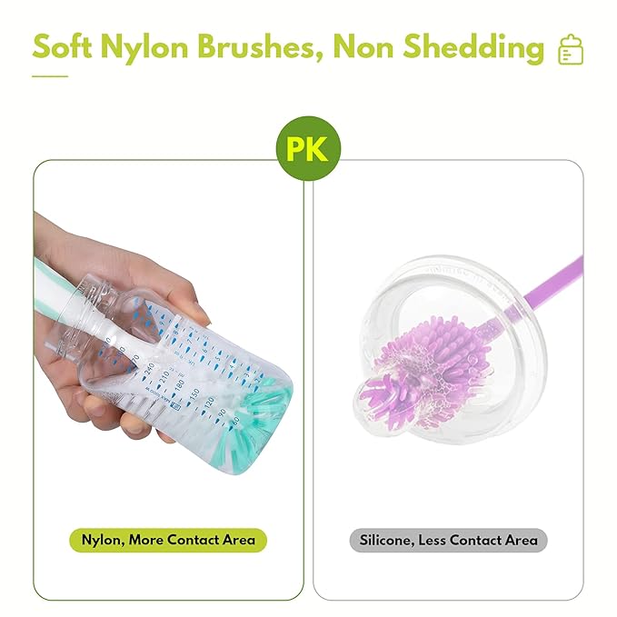 Baby Bottle Brush with One Base Hidden Nylon Nipple Cleaner, 2 Pcs Sponge Nipple Brushes, 2 Pcs Straw Brushes, Bottle Brush with Nipple Cleaner and Suction Cup (Yellow)