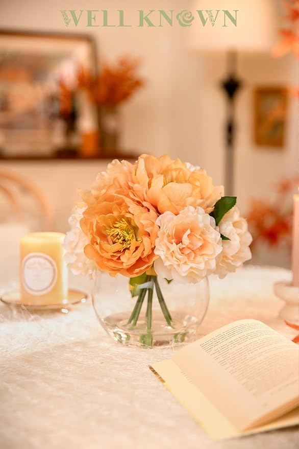 Artificial Flowers in Vase, Silk Peonies Flowers for vase with Faux Water for Coffee Table Decor, Fake Flower Arrangements Thanksgiving Fall Winter Dinning Table Centerpieces & Gift (Apricot & Nude)