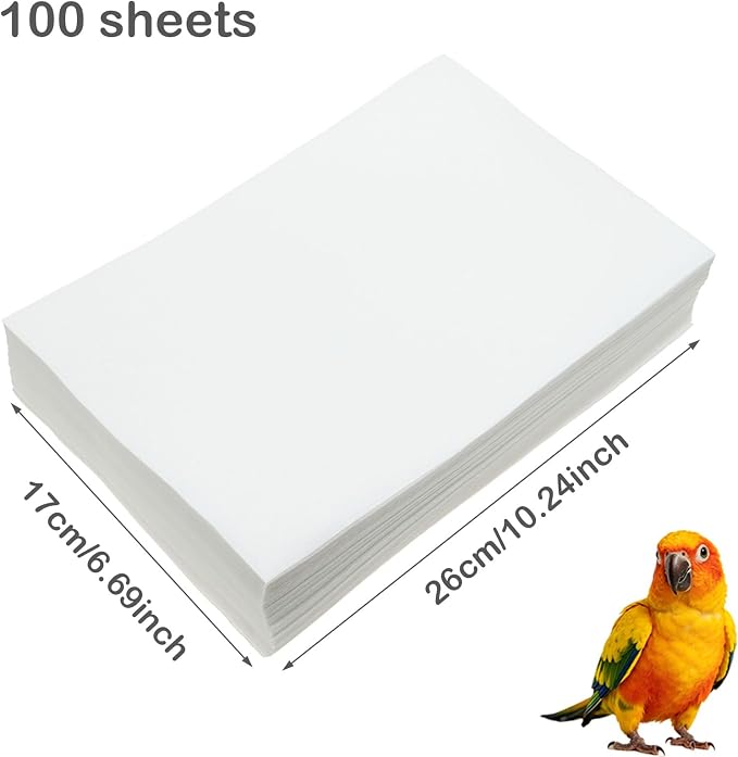 100 Sheets Bird Cage Liner Papers, Disposable Bird Cage Paper Liners, Cuttable Pet Animal Cages Cushion, Precut Absorbent Bird Paper for Bird Parrot Small Animal, 6.7 x 10.2''