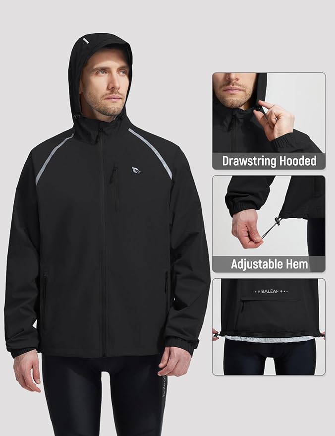 baleaf Men's Rain Jacket Waterproof Windbreaker Raincoat Running Cycling Hiking Gear Hood Lightweight Reflective Packable
