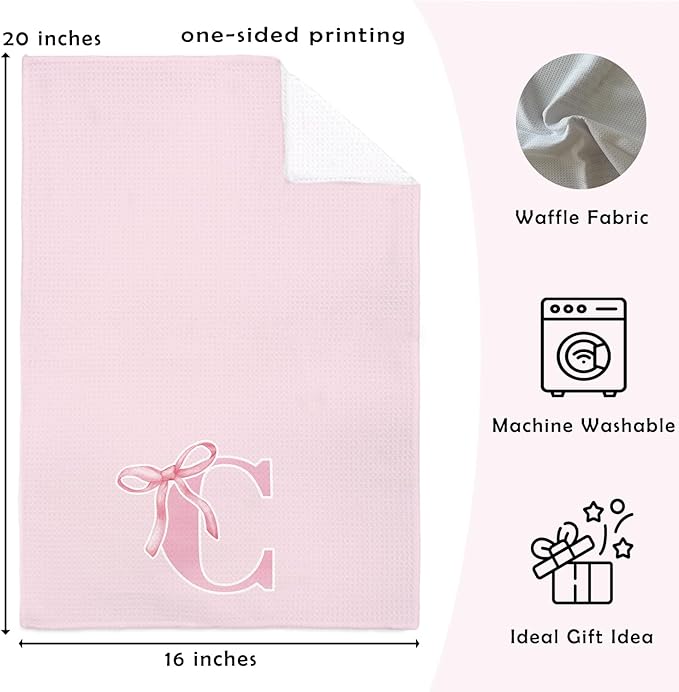 Monogrammed Initial C Hand Towels for Bathroom, Personalized Gifts for Women Girls Birthday Christmas, Coquette Preppy Pink Bows Waffle Kitchen Dish Tea Towels with Initial, 16x24 Inch