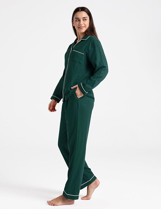 Womens Pajama Sets 100% Double Gauze Cotton Linen Like Muslin Pajamas Long Sleeve Button Down Sleepwear Soft Pjs Lounge Set