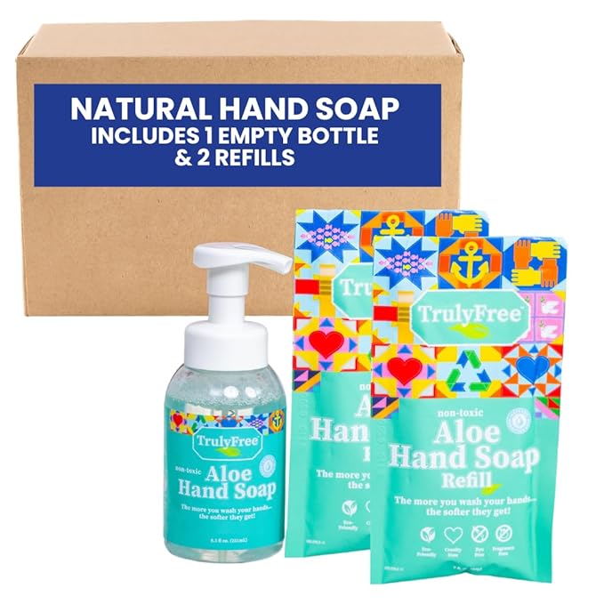 Truly Free Aloe Unscented Hand Soap - 10x Concentrated Aloe Vera, Non-Drying Gentle Cleanser - Bathroom Hand Soap - 1 Empty Bottle with Foaming Dispenser Pump + 2 Moisturizing Hand Soap Refill Pouches