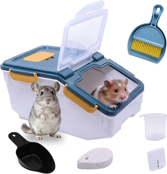 Saim Extra Large Chinchilla Sand Bath Container, 7.4-Inch Hight Dust Bath House with Low-Mess Lid & Scoop, Digging Box for Hamster Hedgehog Small Animals - Blue