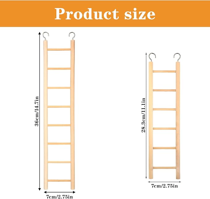2 Pack Bird Ladder, Wooden Bird Cage Ladder Birds Cage Accessories for Parakeets, Parrots, Cockatoo & Lovebirds (6 Step & 8 Step)