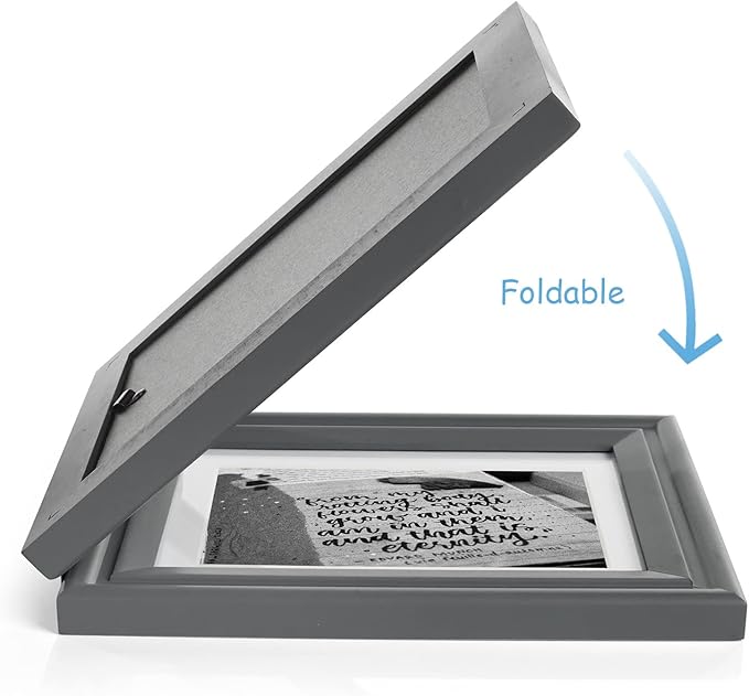 5x7 Double Horizontal Hinged Wood Picture Frame Folding Photo Frame with Real Glass Front in Gray for Tabletop, Display 4x6 with Mat or 5x7 without Mat X2-HUI-2H57