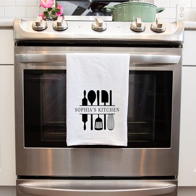 Andaz Press Personalized Kitchen Towel, Flour Sack Tea Towel, Custom Name Kitchen Gifts Utensil Design Birthday for Mom Daughter Grandma, Wife, Her, Housewarming Gift, Kitchen Decor