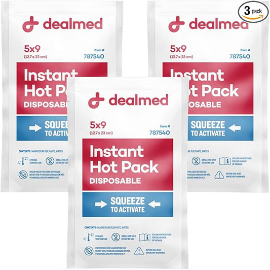 Dealmed Instant Hot Pack – Pack of 3, 5" x 9" Disposable Hot Packs for Injuries, Swelling, Sprains, Muscle Soreness and More, Single Squeeze Activation