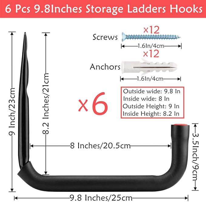 Garage Storage Ladders Hooks, 6 Pack Heavy Duty Utility Hanger, 9.8IN Wall Mount Rack Safely Holds 50 Pounds