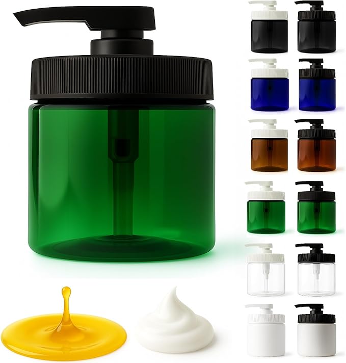 Royal Massage 16oz Refillable Pump Jar with Locking Dip Tube Dispenser – BPA-Free Plastic Container for Massage Oils, Lotions, Creams – Ribbed Lid Wide-Mouth Jar – Durable & Reusable (Green/Black, 1)