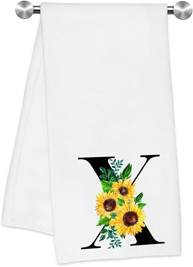 Monogrammed Sunflower Hand Towels,Ini-tial X Tea Towel Letter Kitchen Towels,Sunflower Gifts for Women,Monogram Dish Towel 17x23 Inch,Kitchen Bathroom Decorative Ini-tial Gifts for Mom Wife