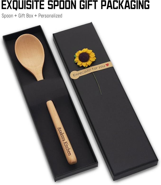 Personalized Wood Soup Spoons, Custom Engraved 9.25 Inch Wooden Spoons for Eating Cooking Mixing Stirring, Long Handle Spoon with Gift Box for Anniversary Birthday Christmas Gifts