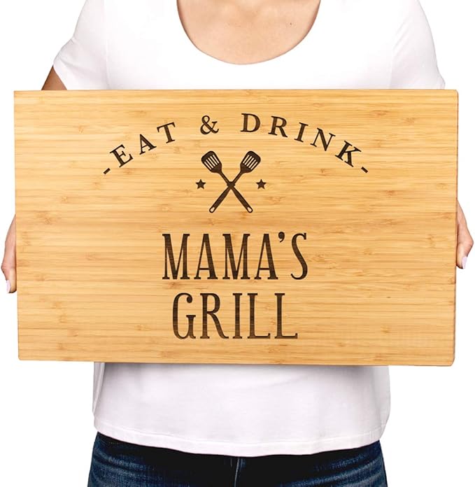 Andaz Press Large Bamboo Wood BBQ Cutting Board Gift, 17.75 x 11-inch, Mama's Grill, 1-Pack, Laser Engraved Serving Chopping Board Christmas Birthday Chef Kitchen Ideas