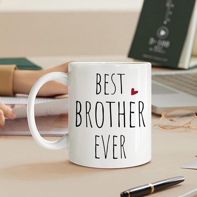 Novelty Coffee Mug Gift for Brothers - Best Brother Ever - Unique Tea Cup for Birthday, Christmas & Graduation - Funny Present for Him - 11oz White Ceramic with Flat Bottom -279