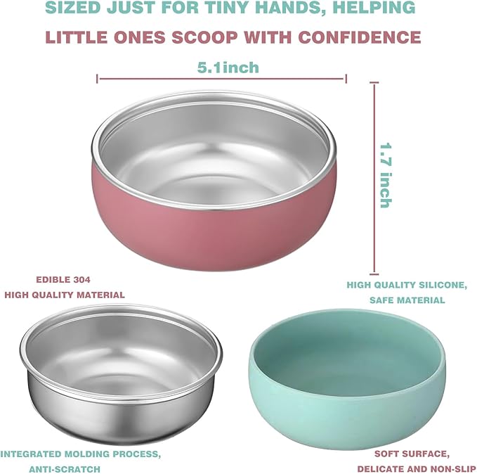 6 Pack Stainless Steel Kids Bowls, Baby Bowls with Removable Silicone Shell, Anti Scald Toddler Snack Container Dishwasher Safe (Without Suction)