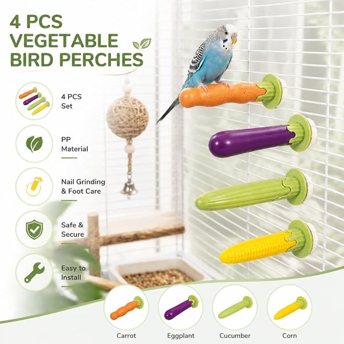 4 Pack Bird Perches for Cage, Vegetable Design Parrot Perch, Bird Nail Grinding Perch for Parakeets, Budgies, Cockatiels and Small Parrots, Bird Cage Accessories