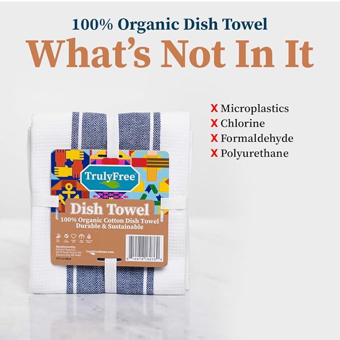 Truly Free Organic Cotton Dish Towels, Highly Absorbent with Hidden Hanging Loop, Plaid Pattern, Lint-Free, Premium Kitchen Towels, 24" x 14.5" (1-Pack)