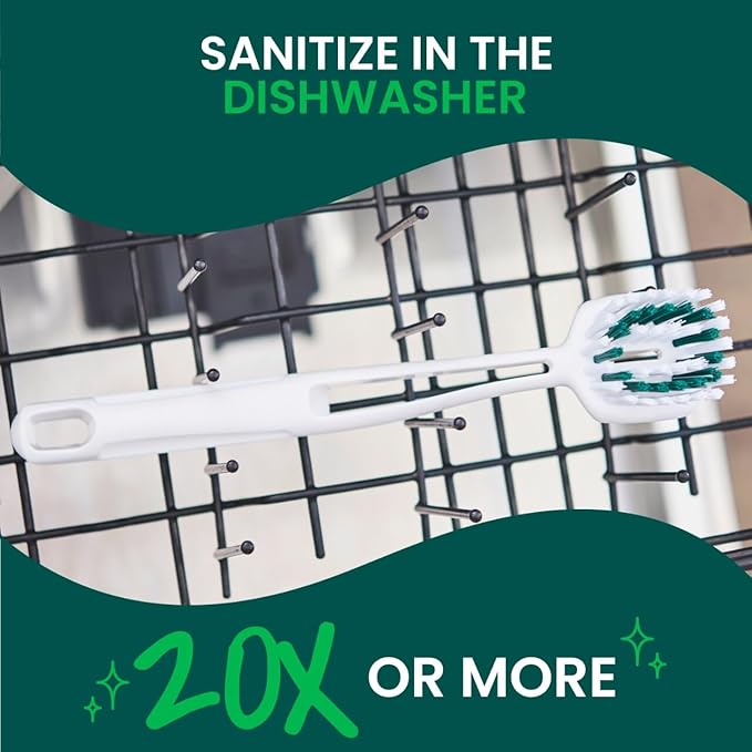 Scotch-Brite Pot + Pan Brush, Durable and Long Lasting Dish Brush with Handle for Scrubbing Stainless Steel, Outdoor Furniture, and Sinks Without Scratching, Antimicrobial, and Rinses Clean
