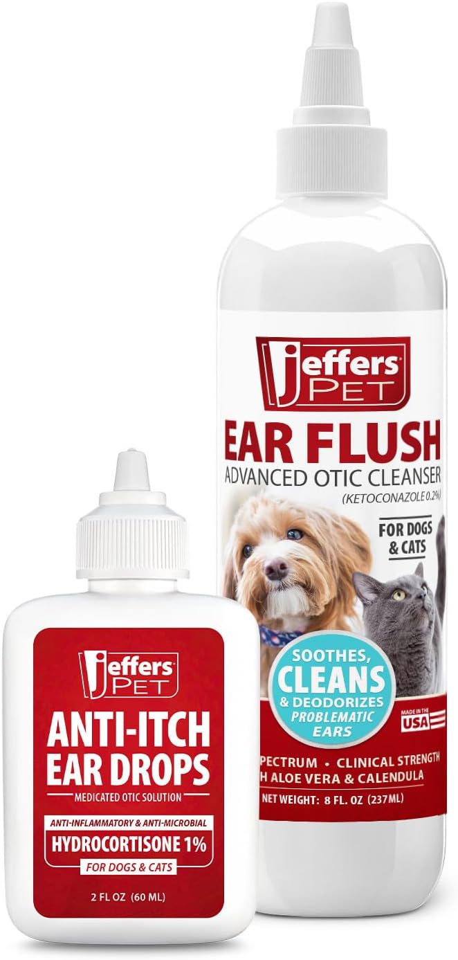 Jeffers Ear Flush and Anti-Itch Ear Drops Bundle for Dogs & Cats, Otic Ear Cleaner with Ketoconazole and Hydrocortisone for Pet Hygiene, Grooming, Ear Wax and Odor Care