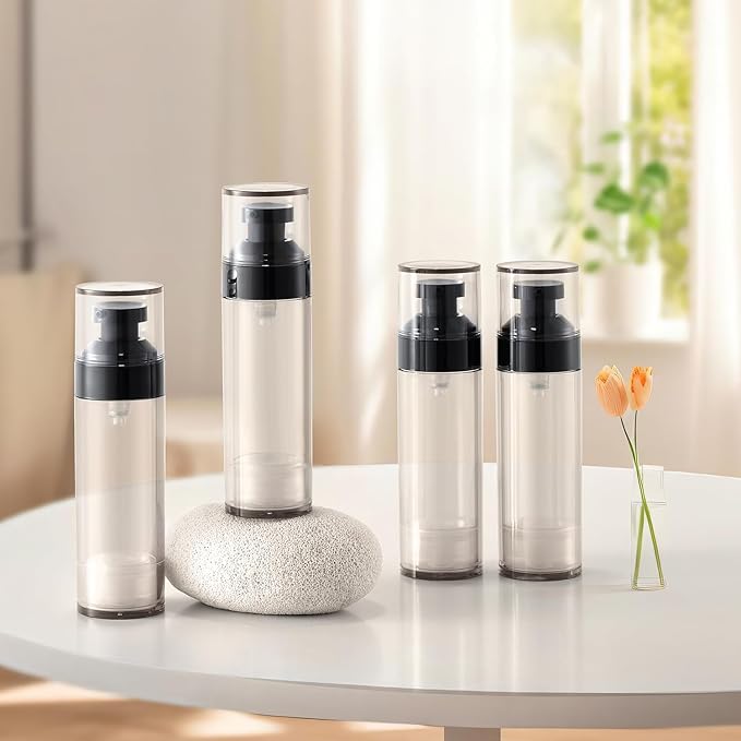 Wide Caliber airless Vacuum Pump Bottle, Reusable Cosmetics Pump Dispenser, DIY Easy Canned, Translucent Black Travel Size can be Packaged Separately Shampoo Light Lotion, etc. (1.7/oz, 4 Packs)