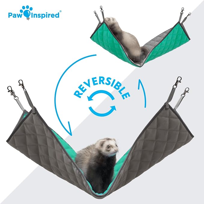 Paw Inspired Hanging Fleece Hammock for Small Animals, Gray/Green | Hammock with Swivel Clips for Pet Cage for Ferrets, Rats, Chinchillas, Sugar Gliders, Hideout Toy for Guinea Pigs, Hamsters