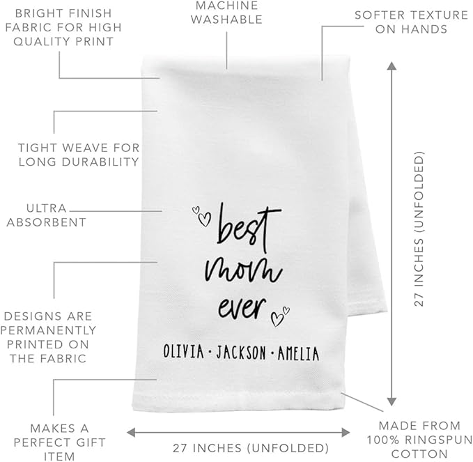 Andaz Press Personalized Kitchen Towel, Flour Sack Tea Towel, Best Mom Ever Custom Kid Names Kitchen Gifts Birthday for Mom Daughter, Grandma Her, Wife, Kitchen Decor, Hand Towel