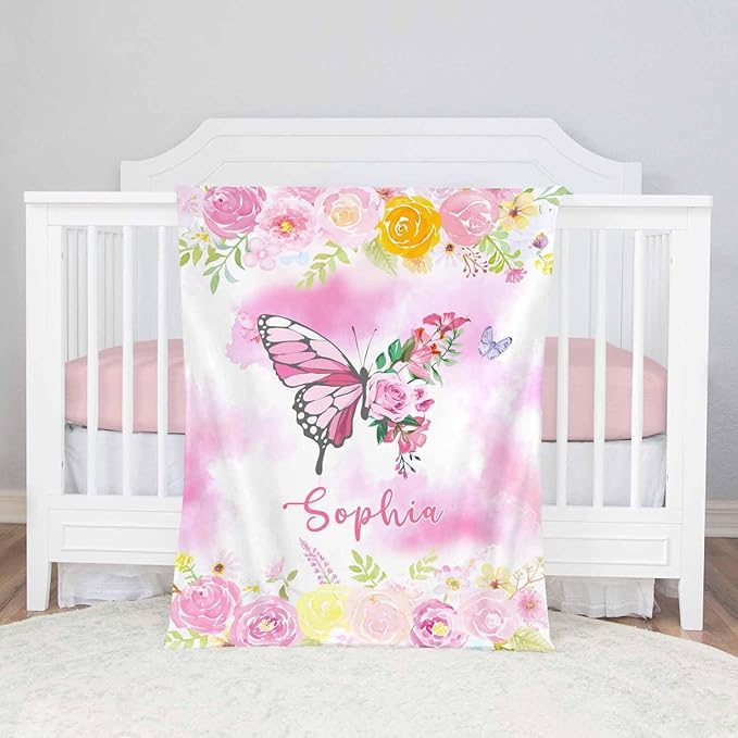 D-Story Ships Next Day, Custom Baby Blanket for Girls, Personalized Baby Gifts Butterfly Blankets, Customized Newborn Blanket with Name