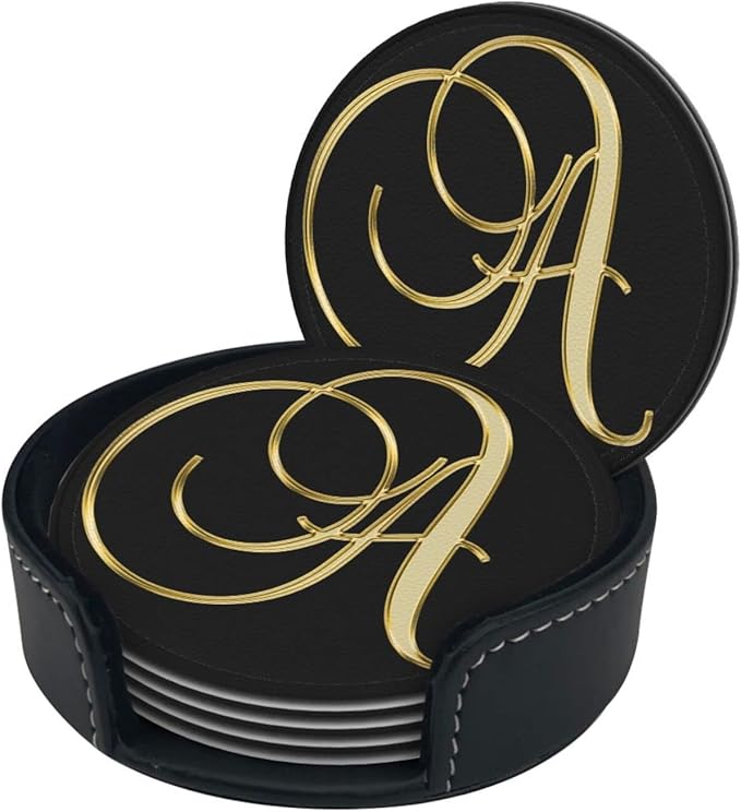 Famame 6 Pcs Shiny Letter A Gold Print Leather Coasters for Drinks with Holder Coaster Sets Drink Table Cup Coasters for Living Room Kitchen Coffee Decor