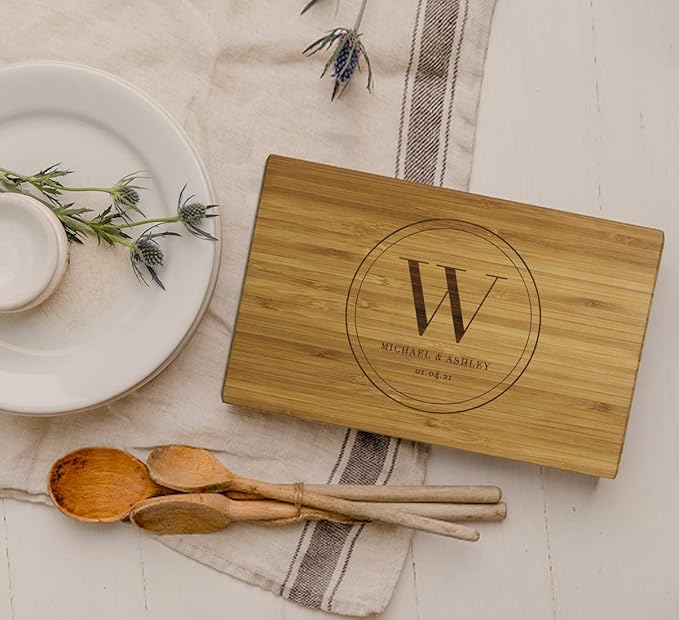 Andaz Press Personalized Laser Engraved Small Bamboo Wood Cutting Board, 9.5 x 6-inch, Round Monogram with Names and Date, Custom Wedding Bridal Shower Anniversary Housewarming Birthday Gift Ideas