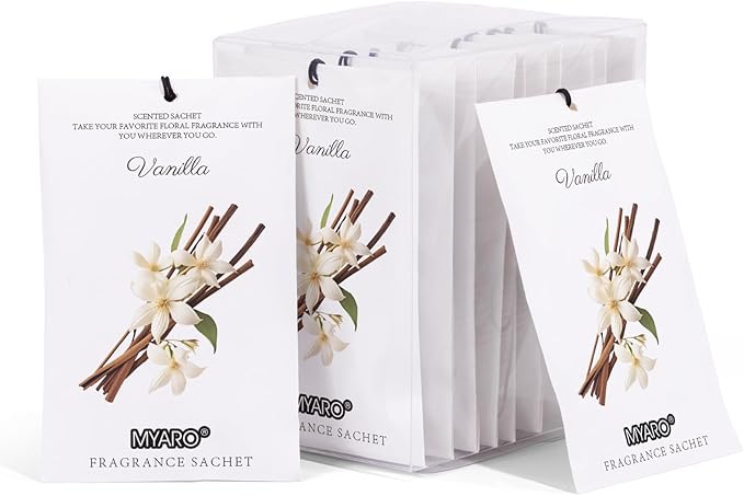 MYARO 12 Packs Vanilla Scented Sachets for Drawer and Closet, Long-Lasting Closet Sachet Bags Drawer Deodorizers Fresh Scents, Home Fragrance for Lover