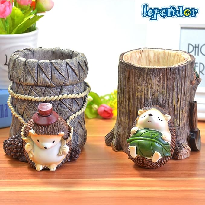 Lependor Cute Hedgehog Desk Pen Pencil Pot Holder, Toothbrush Holder, Resin Desktop Organizer Container, Stationery Storage, Office Desk Decoration, Study Bookshelf Decor - Work