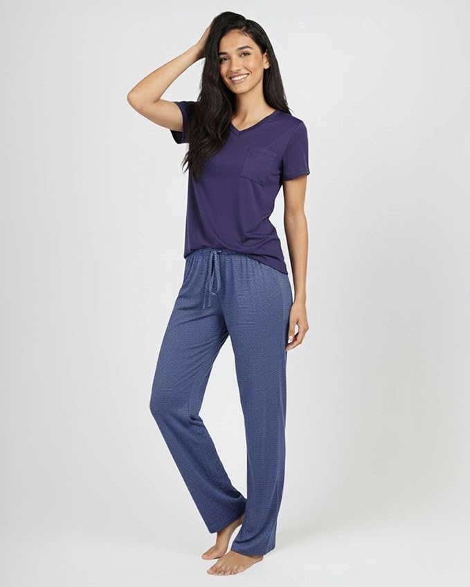 Real Essentials 2 Pack: Women's Comfy Pajama Sets - Short & Long Sleeve Ladies Loungewear Sleepwear PJs (Available In Plus)