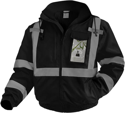 Reflective Jackets, High Vis Safety Work Jacket with Pockets for Men& Women, Construction Coats for Cold Weather, Waterproof Rain Gear, Class 3, Black Standard, L