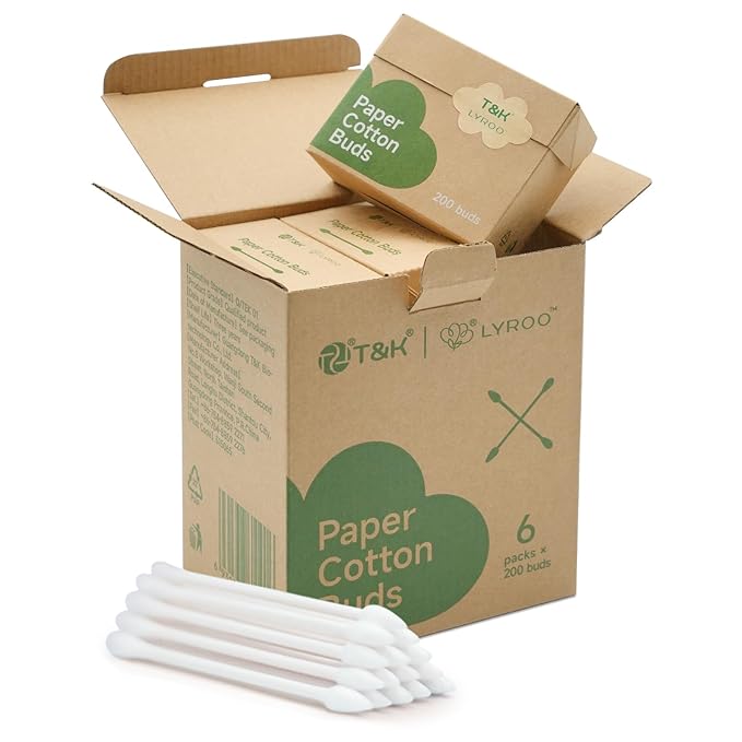 T&K Biodegradable Cotton Swabs - 1200 Count Eco-Friendly Paper Stick, Double-Tipped Precision Pointed & Gentle Round Tips, Hypoallergenic Organic Cotton (6 Pack)