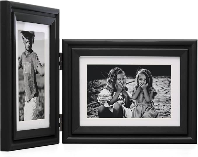 Vertical & Horizontal 5X7 Picture Frames Double Hinged Wood Folding Photo Frames with Real Glass Front Fit for Desktop or Tabletop Display Pictures 4x6 with Mat or 5x7 Without Mat, Black
