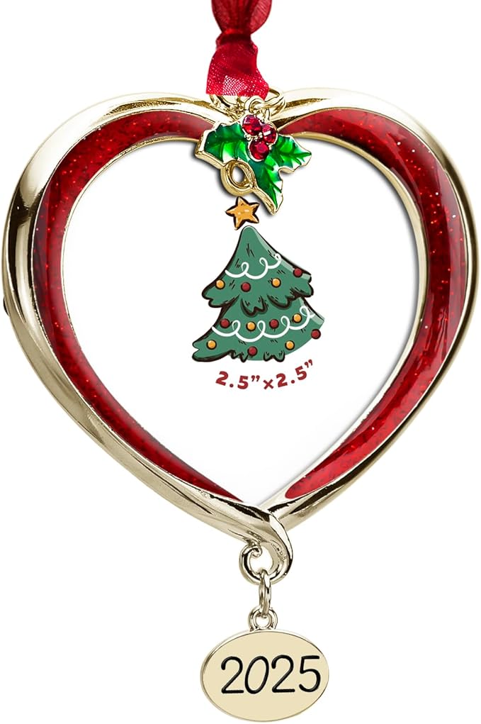 Christmas Tree Ornament Picture Frame Metal Hanging Pendant Holiday 2.5" Photo Frame Charm Decorative of Pets, Baby First Christmas, Family (2025 Red & Golden)