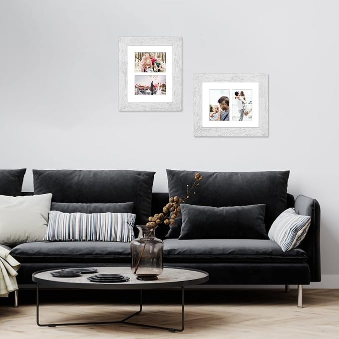 8x10 Picture Frame Display Double 4X6 Picture Frame Collage,Multi Photo Frame with Mat,Plexiglass,Wall or Tabletop Decor,Distressed White Wood Grain
